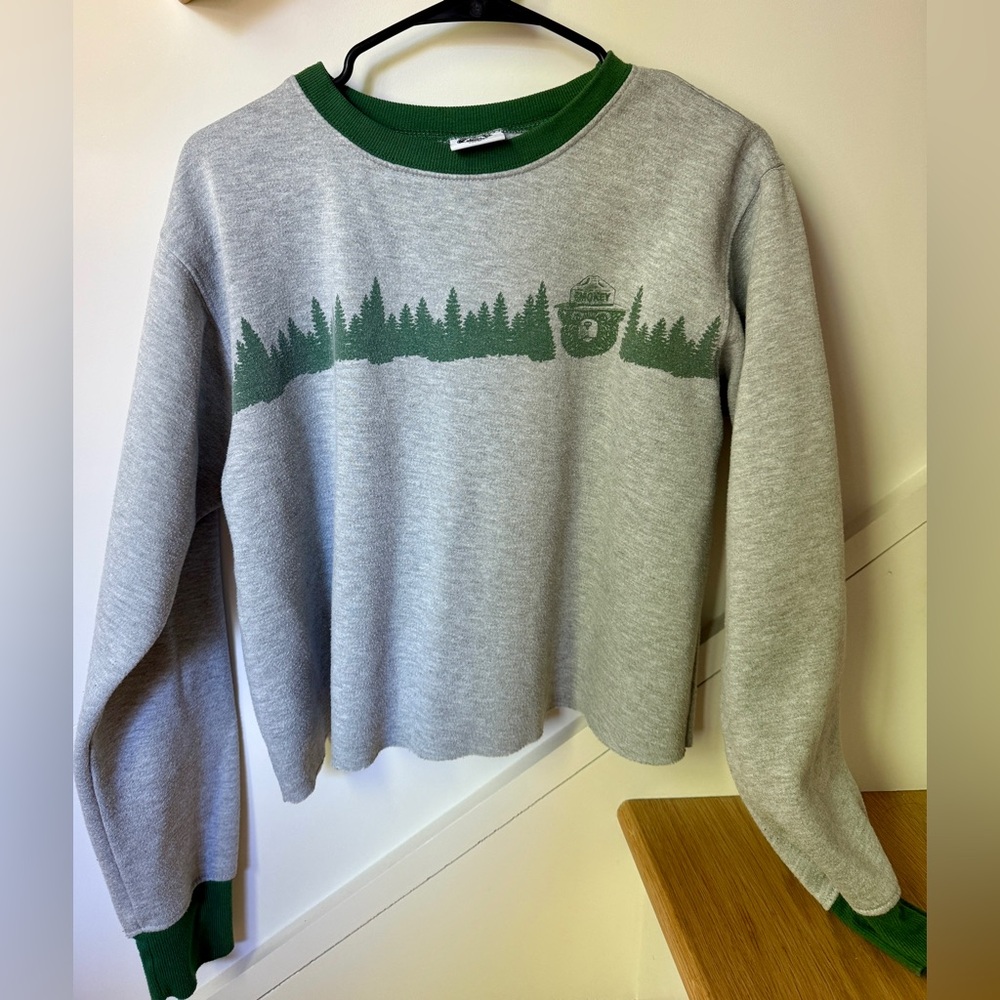 Gray and Green Forest Print Crop Smokey the Bear Sweatshirt